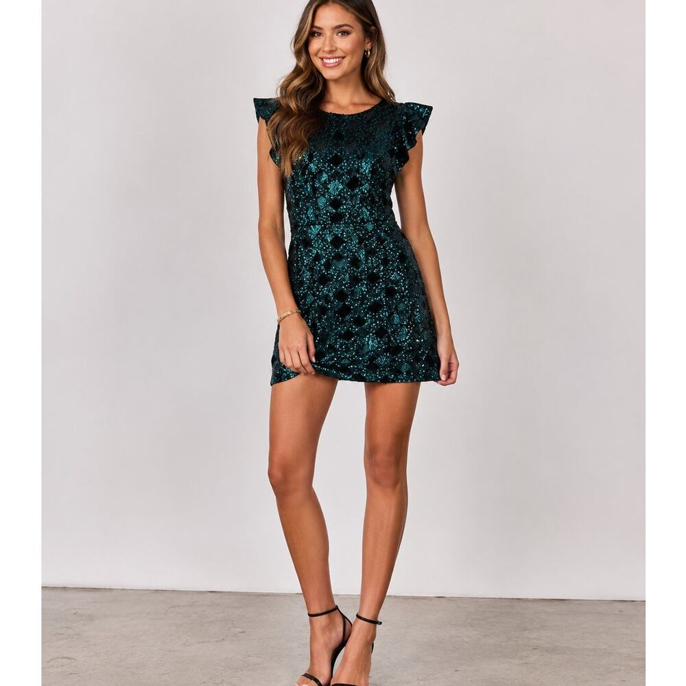 Zara Green Sequined Ruffled Sleeve Mini Dress Blogger Favorite XS Glam Party